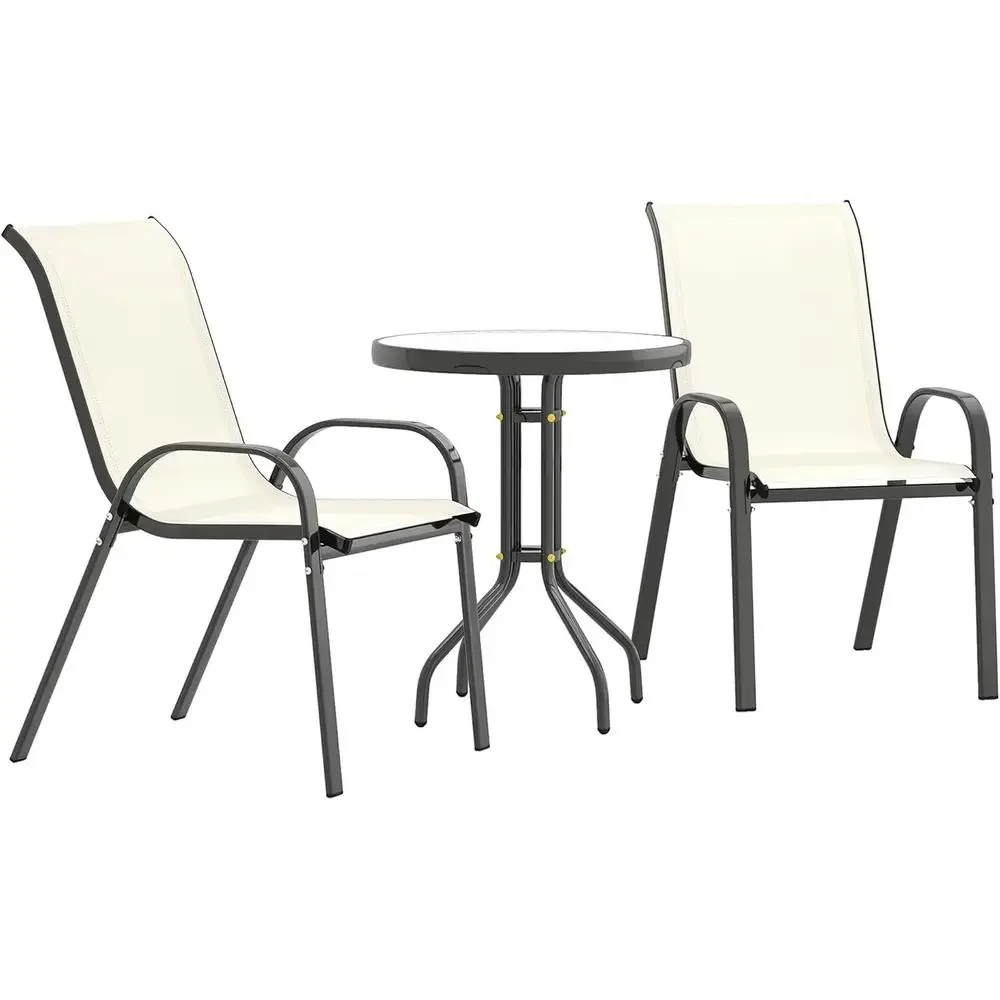 

Compact Outdoor Bistro Set with Stackable Mesh Chairs and Glass Top Table for Patio, Balcony, or Garden in Beige