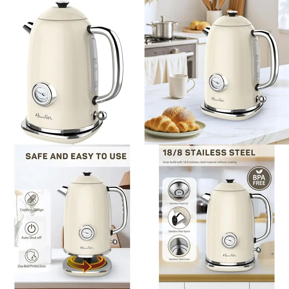 

1.8L Vintage-Style Electric Kettle with Thermometer, 1500W, Stainless Steel, Fast Boiling, LED Indicator, Cordless, Auto-Off, Be