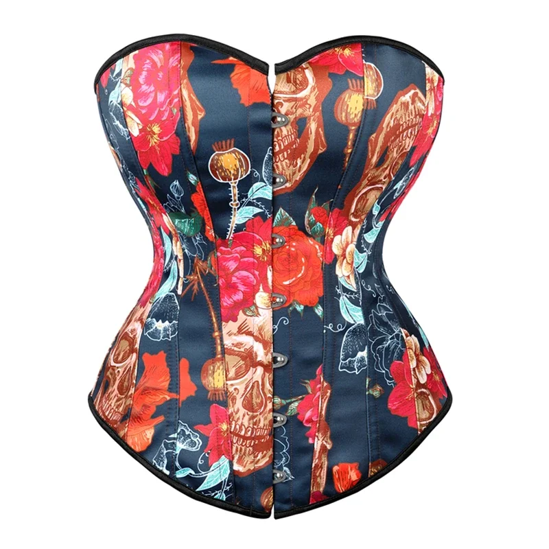 

Sexy Corsets Bustiers Tops For Women Skull & Flower Print Gothic Corset Overbust Burlesque Lingerie Costume Corselet S-2XL