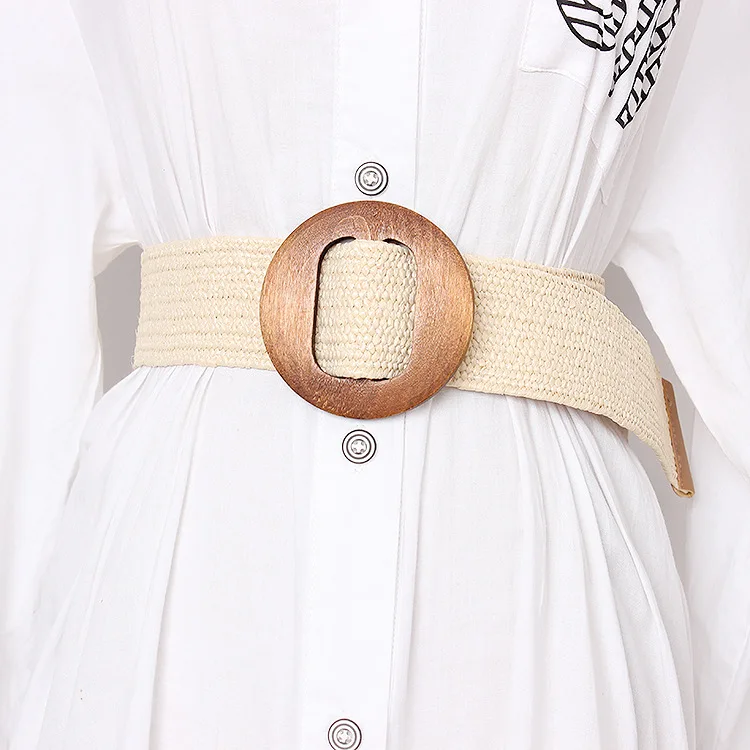 Bohemian Summer Round Button PP Grass Woven Belt Fashion Casual Dress Decoration Elastic Waist Seal for Women