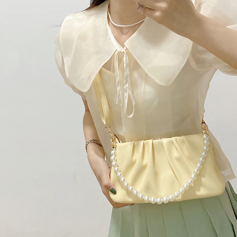 Light Yellow Single Shoulder Underarm Bag White Handbag for Women 2024 New Versatile Niche Design Beading Pleated Cloud Bags