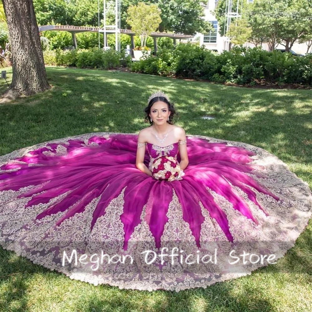 Vestido de quinceañera con hombros descubiertos, traje de fiesta de cumpleaños con cuentas, apliques personalizados, México, fucsia, 2025