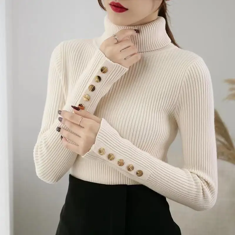 2024 Knitted Turtleneck Women Sweater Button Long Sleeve Pullovers Autumn Winter Basic Femme Sweaters Slim Solid Pull Tops