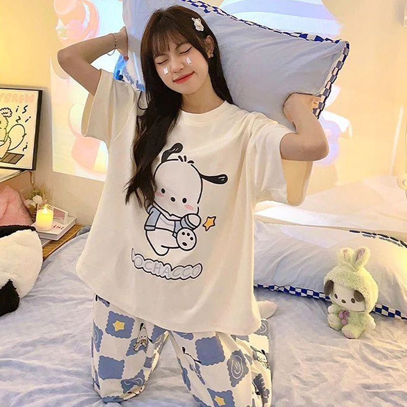 Sanrio Kawaii Pochacco Pajamas Set Stitch Cute Cartoon Student Soft Cotton Loungewear Home Wear Birthday Gift Girls Toys