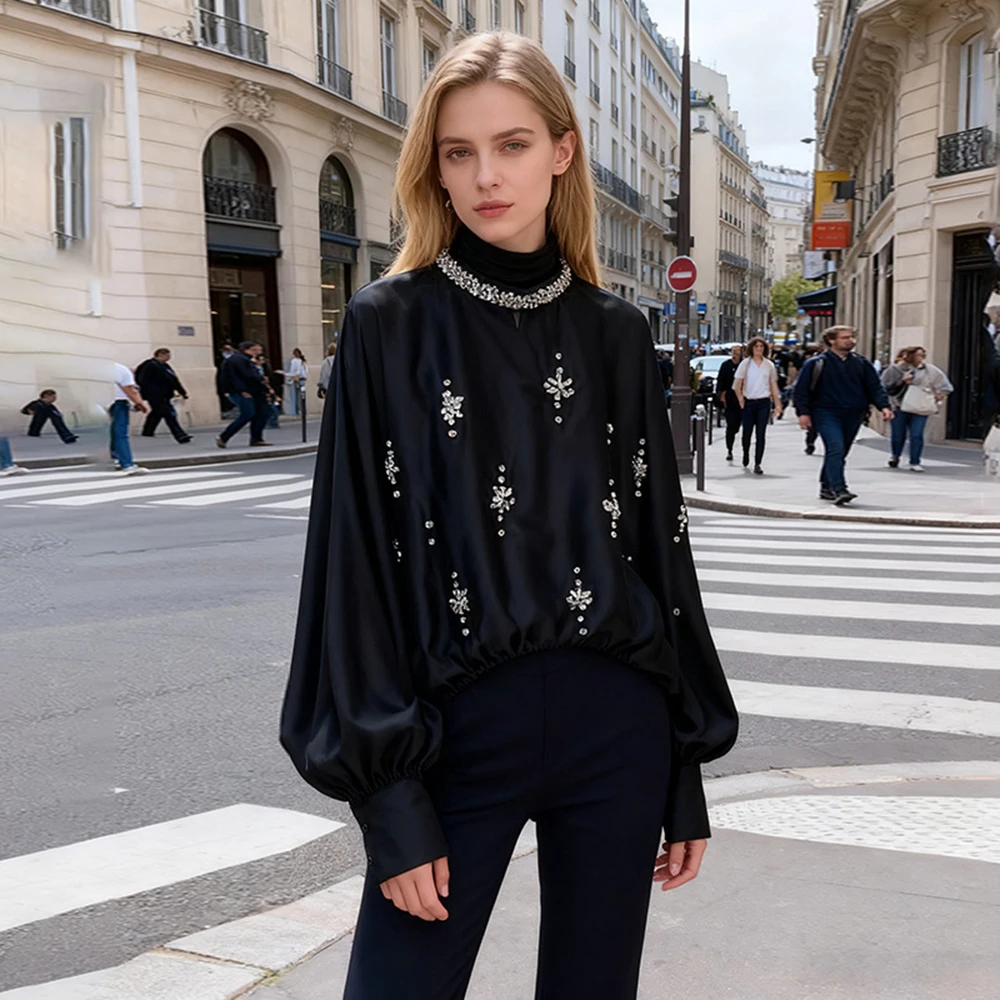 

High Quality Elegant Diamond Loose Shirt 2025 Autumn New Item Lantern Sleeve Design Sense Top For Women Blouse
