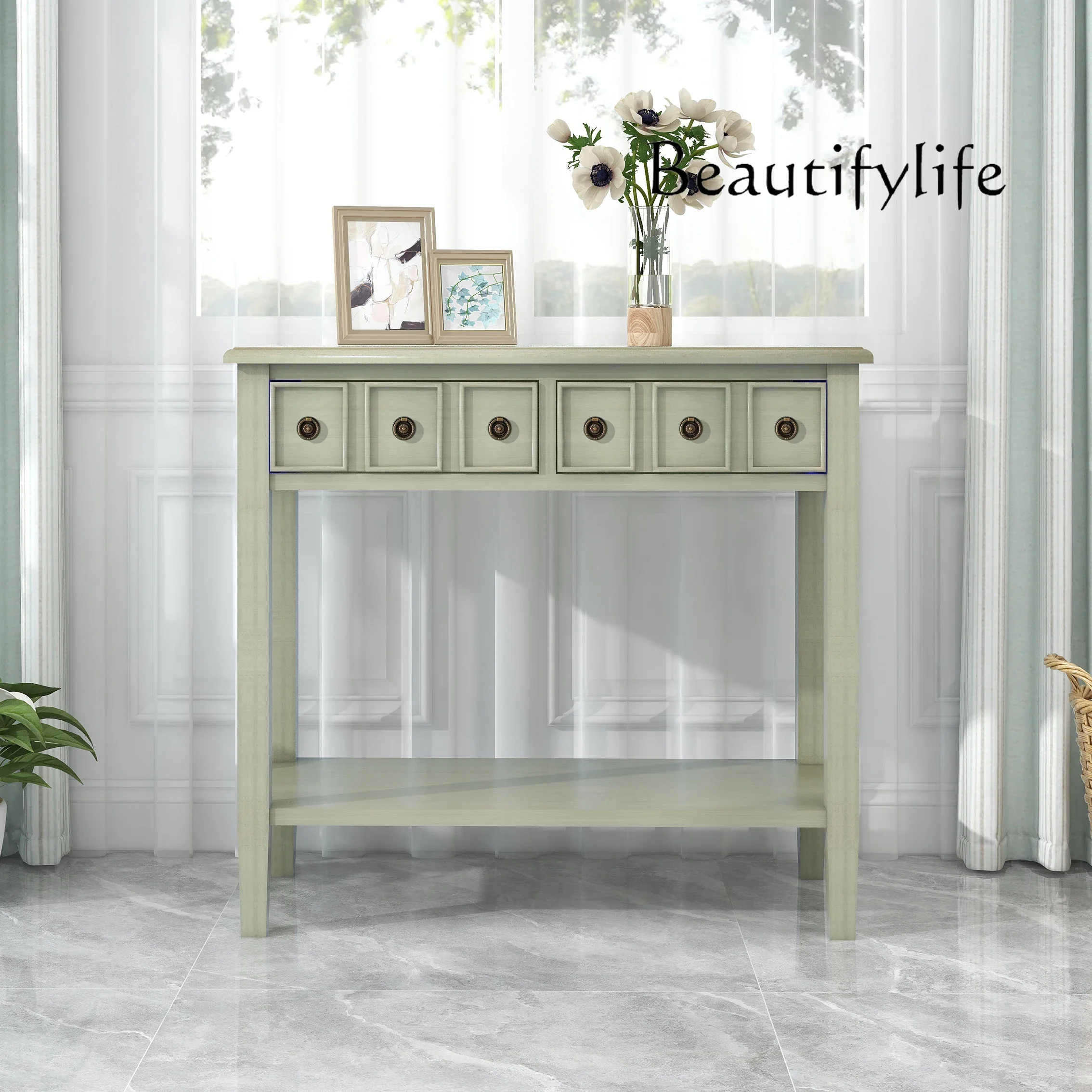 Nordic simple entrance foyer corridor aisle cabinet minimalist wind green entrance retro decoration table