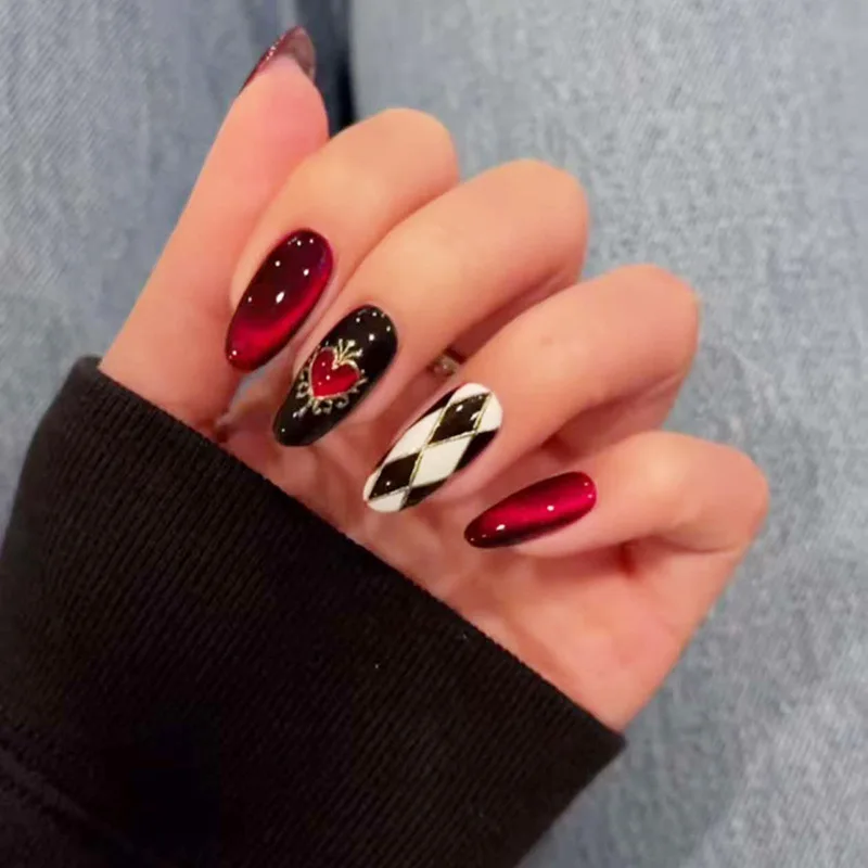 24Pcs Heart Plaid French Press on Nails Star Circle Line Design Full Cover Fake Nail Tip Mid-length Almond Wearable False Nails