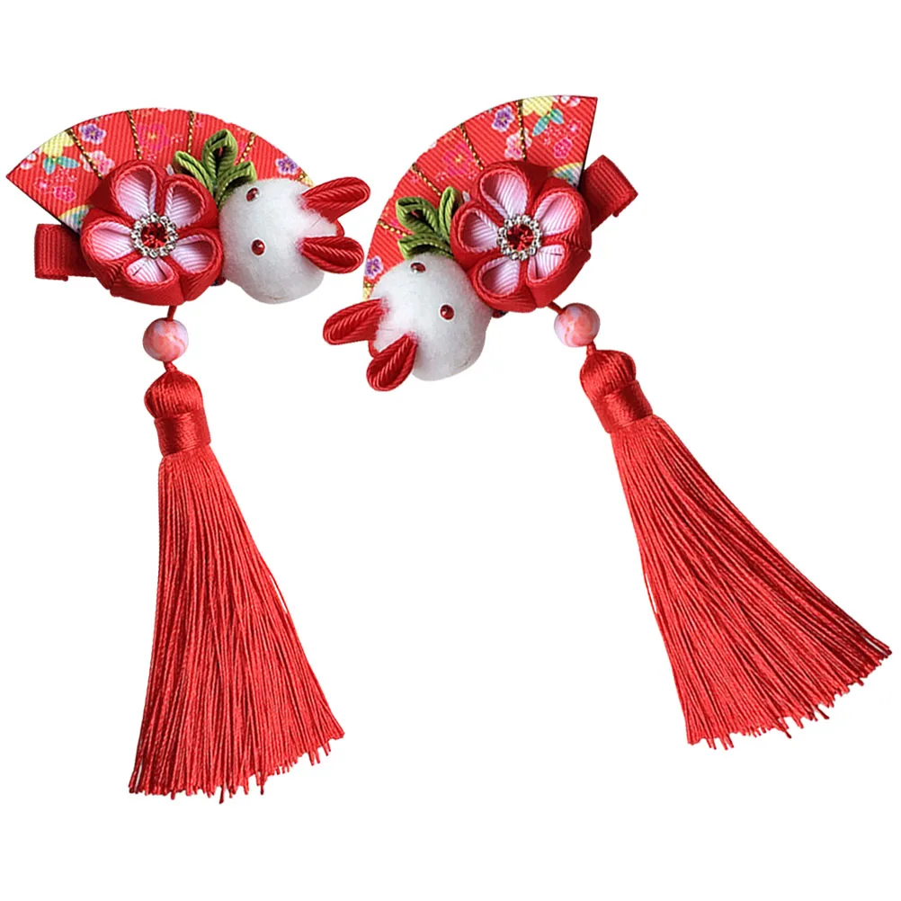 

2Pcs Bunny Hair Clip Vintage Flower Accessories for Women Girls Hanfu Japanese Style Dangle Tassel Hairpin Barrette