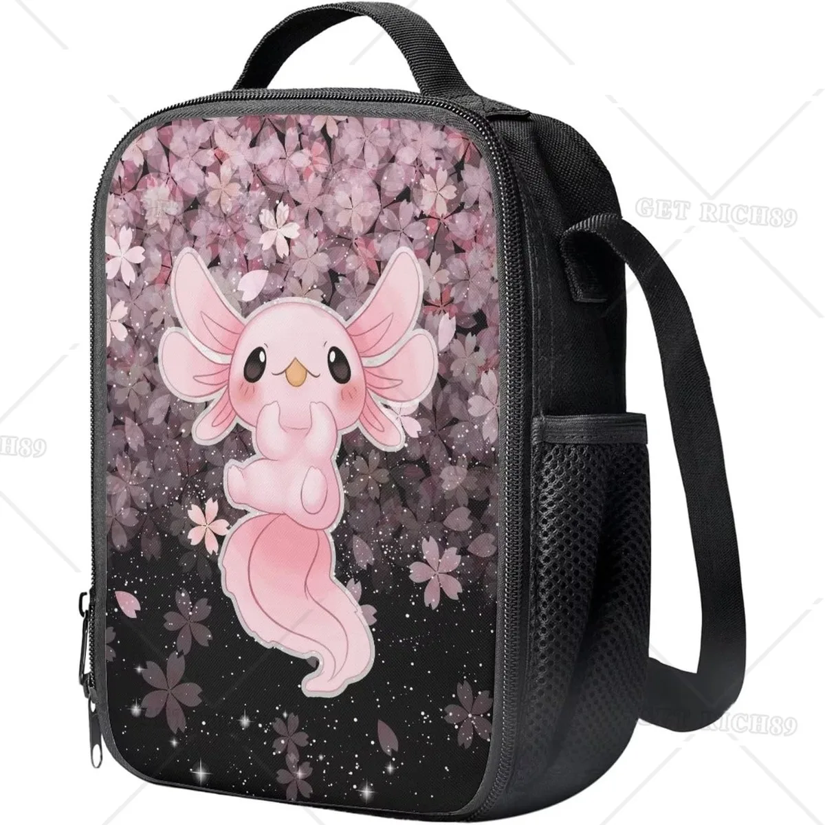 Cute Axolotl Lunch Bag Cherry Blossom Lunch Box Lunchbag Picnic Organzier Shoulder Tote Handbag for Adults Kids Girls School