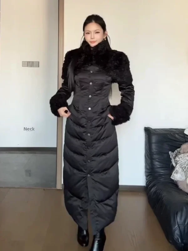 

Long White Du down Jaet Honey Peach Aun Snowy Design Hourglass Waist Splicing Fur Waist in Cotton Clothes for Women