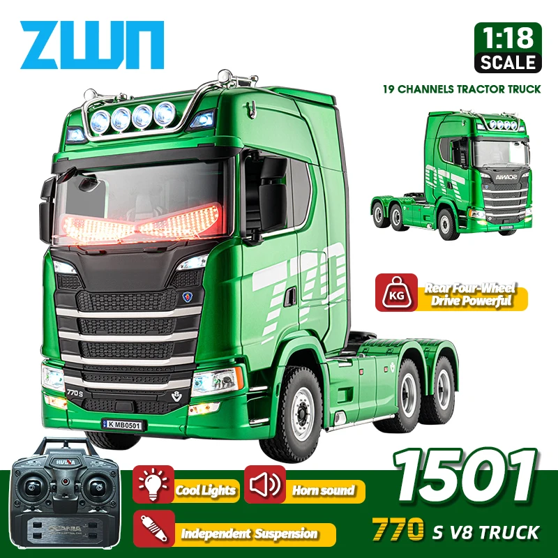 

Радиоуправляемый грузовик HUINA 1501 770S 2.4G 1:18 с эффектом «демонический глаз», звуком и светом, 19-канальный, на пульте управления, модель тяжелого грузовика-трейлера из сплава, детская игрушка