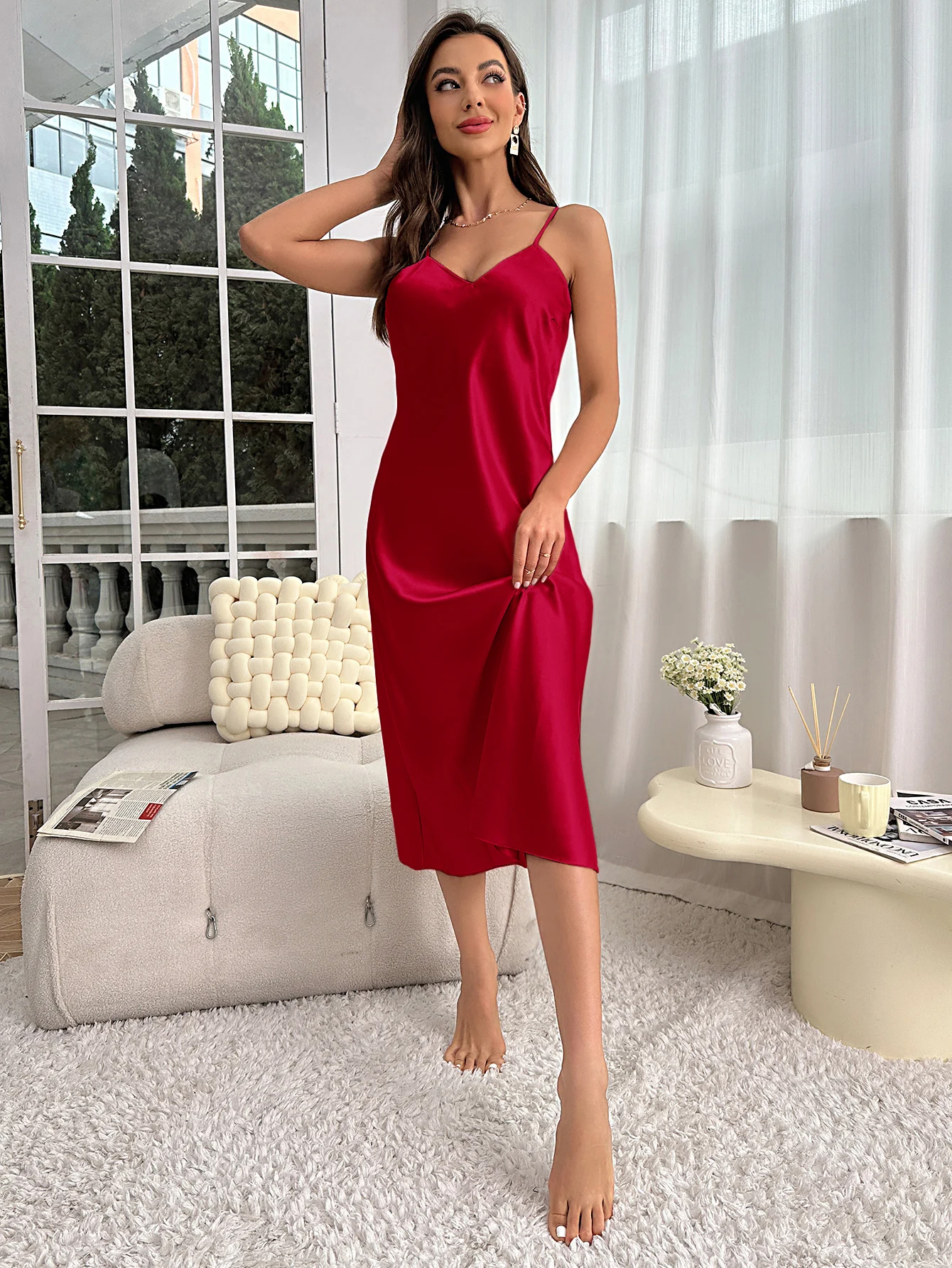 Damen-Nachthemd, Spaghettiträger, V-Ausschnitt, elegant, luxuriös, bequem, atmungsaktiv, Loungewear, entspannend, täglich, Freizeit, klassischer Stil – Detail 4