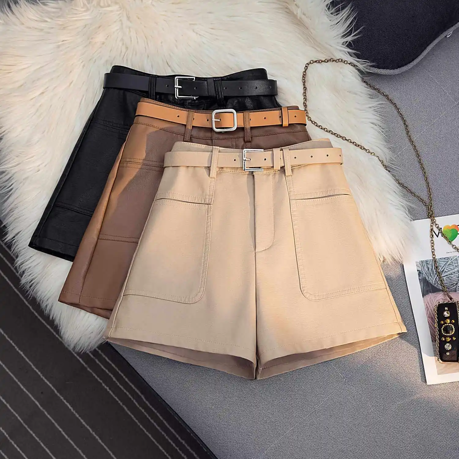 Women’s New 2025 Autumn Winter Outer Wear High Waist Boot Pants Small Loose Pu Leather Pocket Shorts Wide-Leg Pants C75