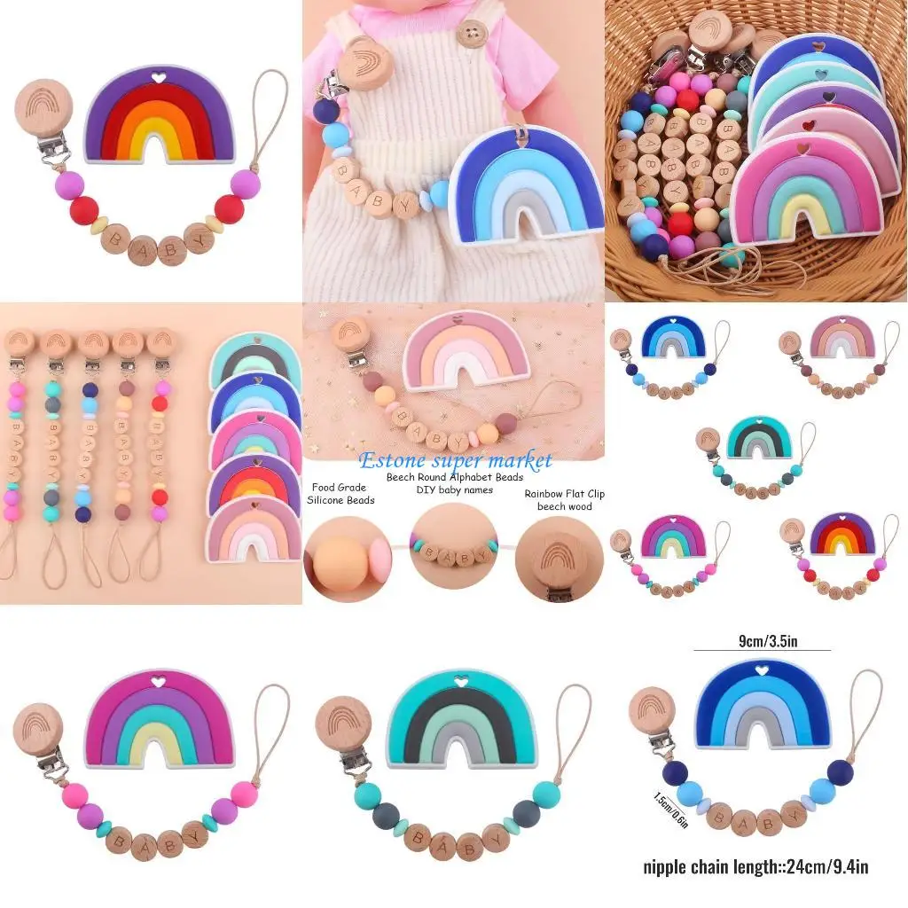 

090B 2 Pcs Baby Pacifier Chain Clip Rainbow Teether Set Newborn Nipple Dummy Clip Holder Silicone Teething Soother Molar