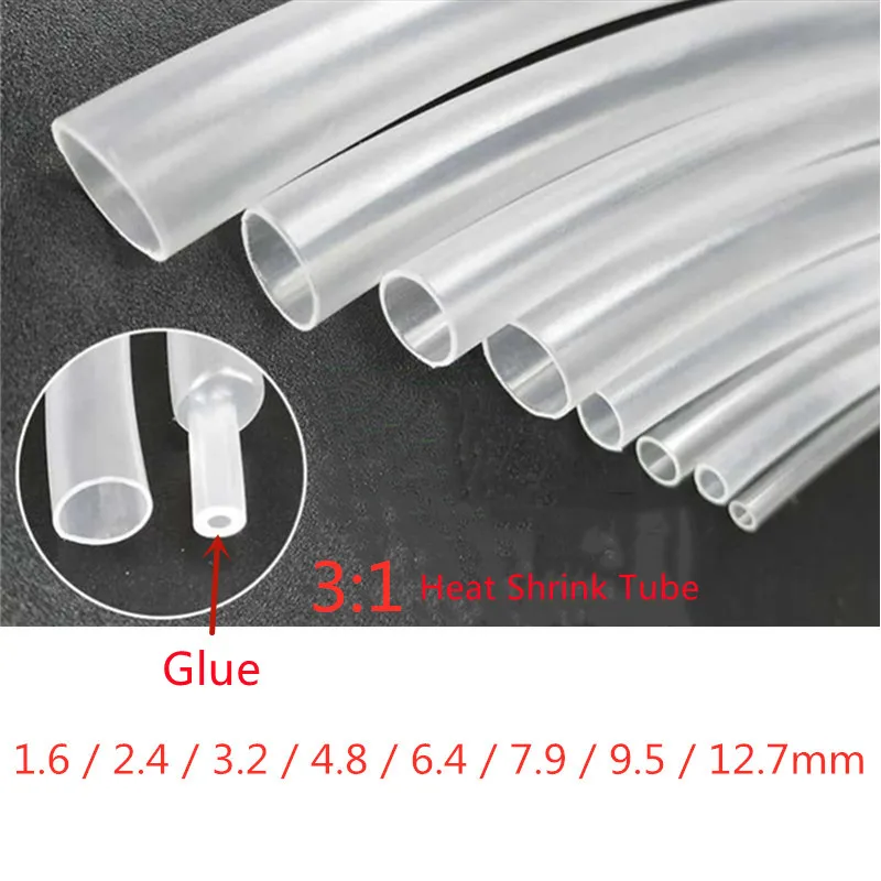 1 Meter Transparent 3:1 Dual Wall Heat Shrink Tube with Glue 2.4-12.7mm Waterproof Adhesive Lined Heat Shrink Tubing