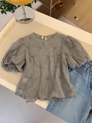 Autumn 2024 New Grey O-Neck Chiffon Shirts Women Puff Sleeve Thin Slim Crop Top French Fashion Clubwear Design Pleated Blouses