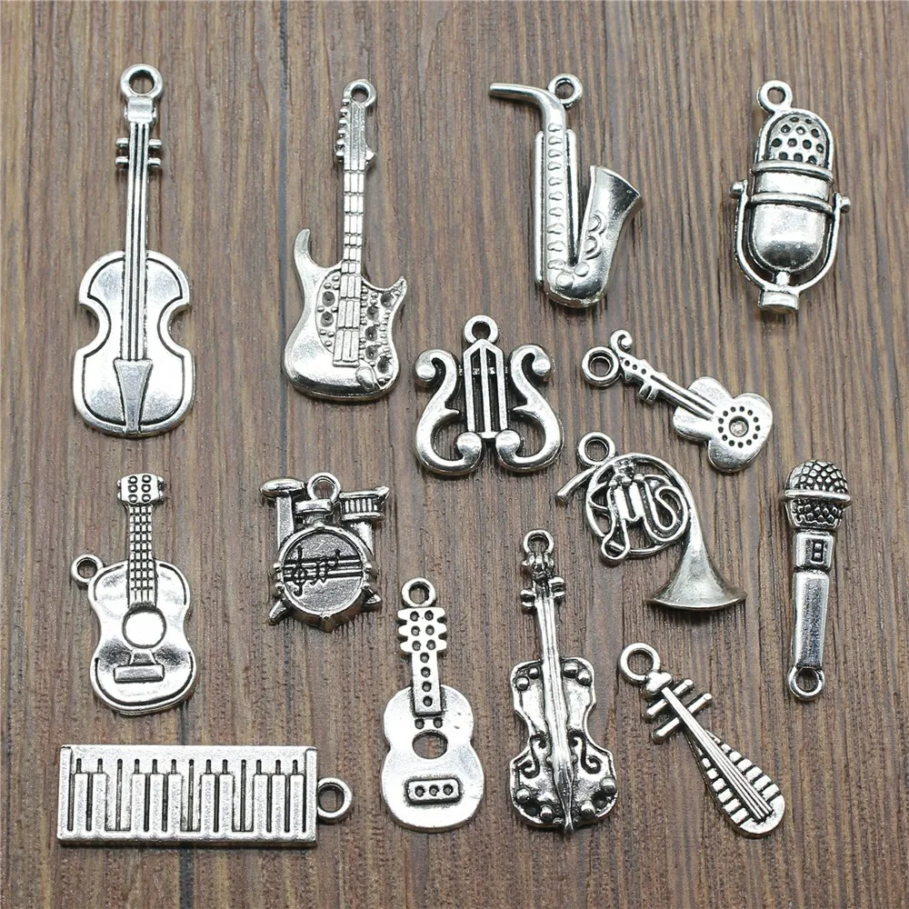 10 sztuk Instrument muzyczny Charms Antique srebrny kolor gitara mikrofon skrzypce francuski róg Charms do tworzenia biżuterii