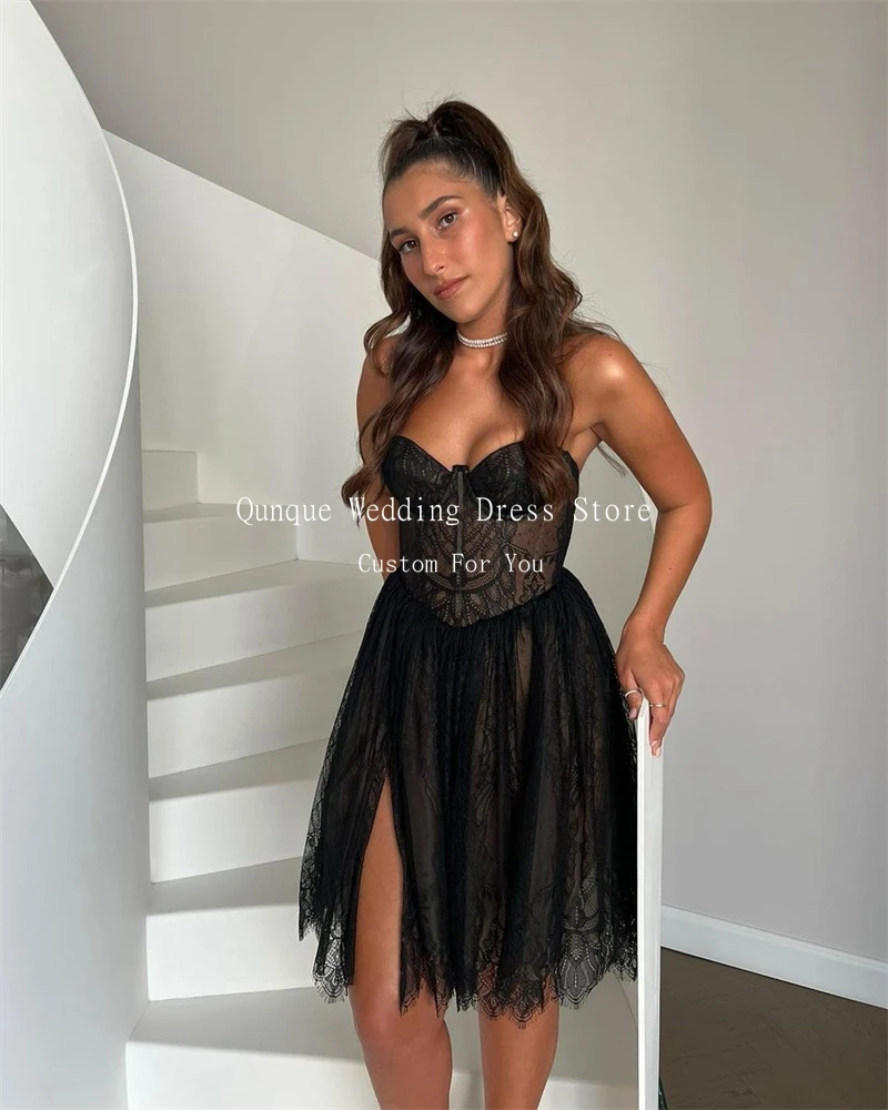 Qunque Sexy Mini Prom Dresses Black Lace Leg Slit Short Strapless Cocktail Dresses Corset Back Dubai Abiye Elbiseler Customized