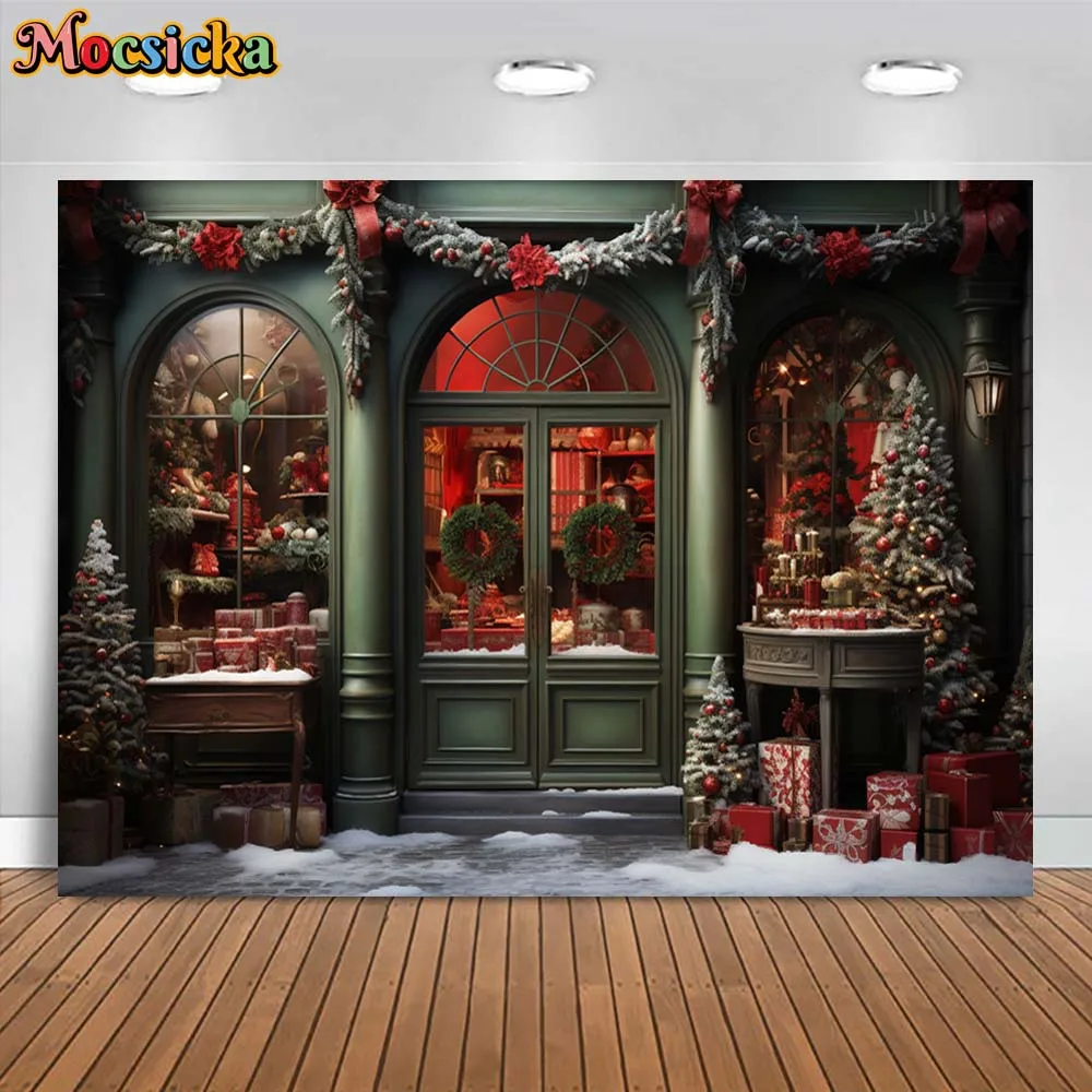 Mocsicka ฉากหลังสำหรับถ่ายภาพวันคริสต์มาสฤดูหนาวร้านของขวัญสีเขียวสำหรับเด็ก