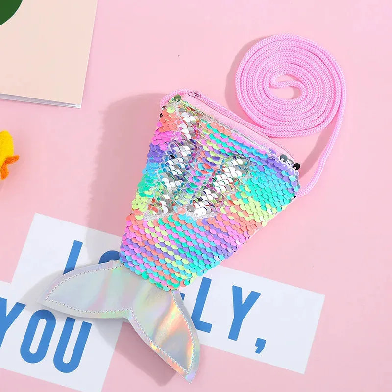 حقيبة كروس بترتر على شكل ذيل حورية البحر - حقيبة لامعة وجميلة للفتيات، حقيبة كتف نسائية وهدية عيد ميلاد