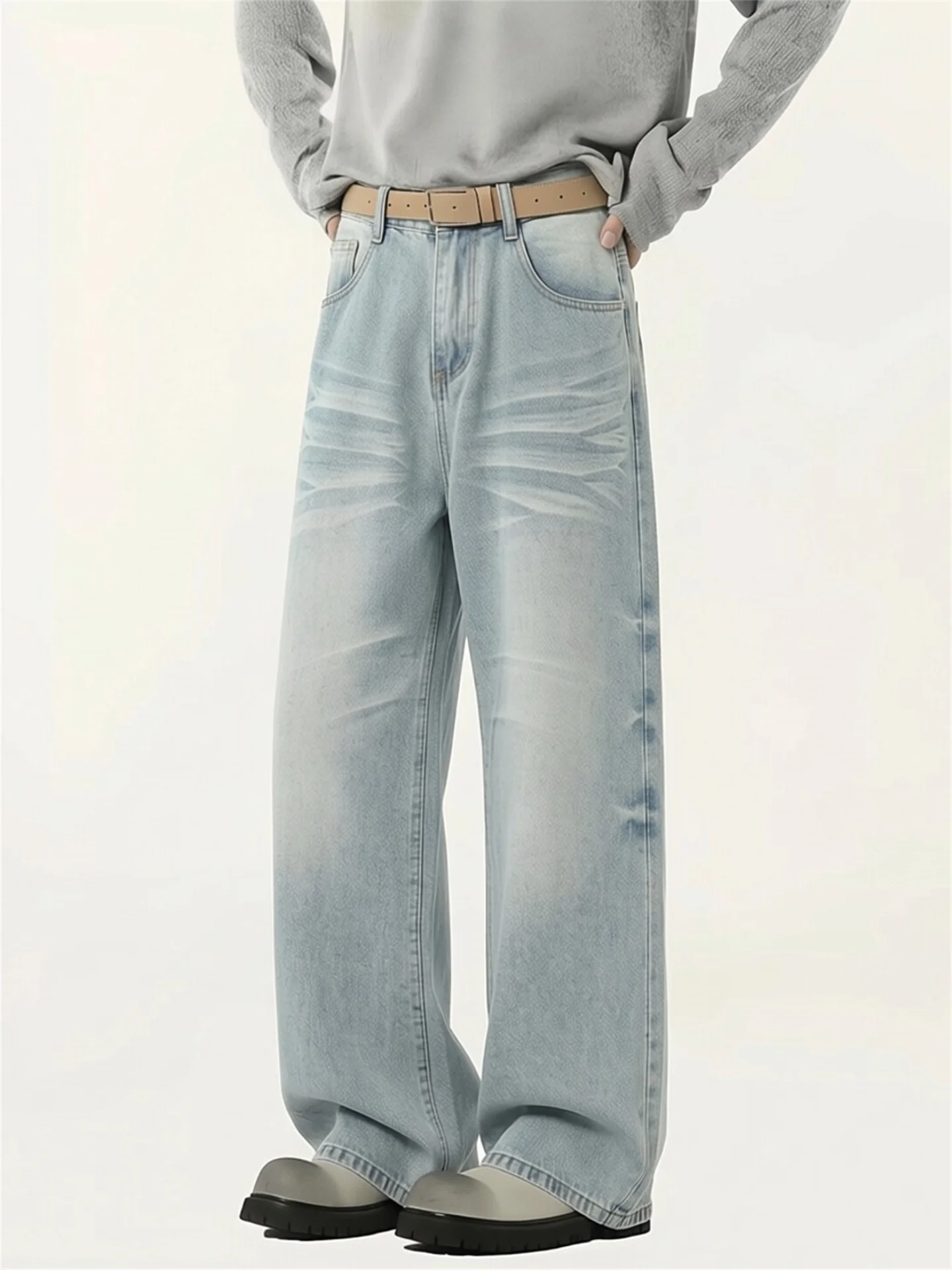

Washed Straight Leg Men's Jeans Iceberg Blue Casual Vintage American Style Wide Leg Long Trousers Streetwear Comfortable Fit