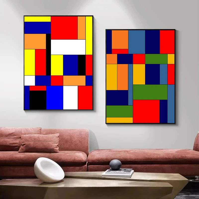 Mondrian Inspired Art Canvas Paintings Abstract Colorful Posters and Prints Wall Art Pictures for Living Room Home Decoration