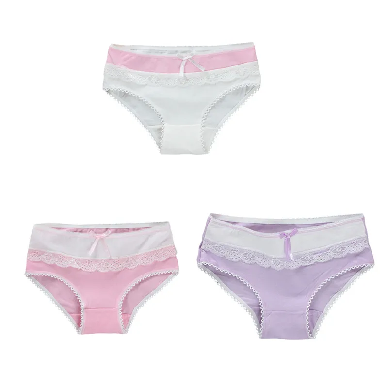 3PC Briefs Panties Underwear Short Solid Color Bow Adolescente Hipster Teen Puberty Lace Training 8-14Y