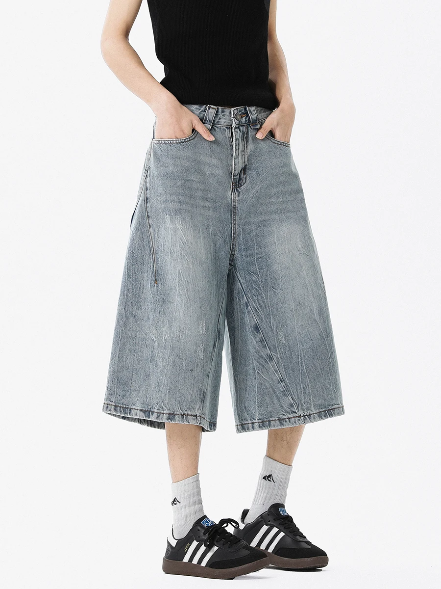 

Мужские джинсовые шорты в стиле ретро, синие, с эффектом потертости, летние, американский уличный стиль, широкие штанины, укороченные (7/8), Cleanfit Silhouette, повседневные, размер S