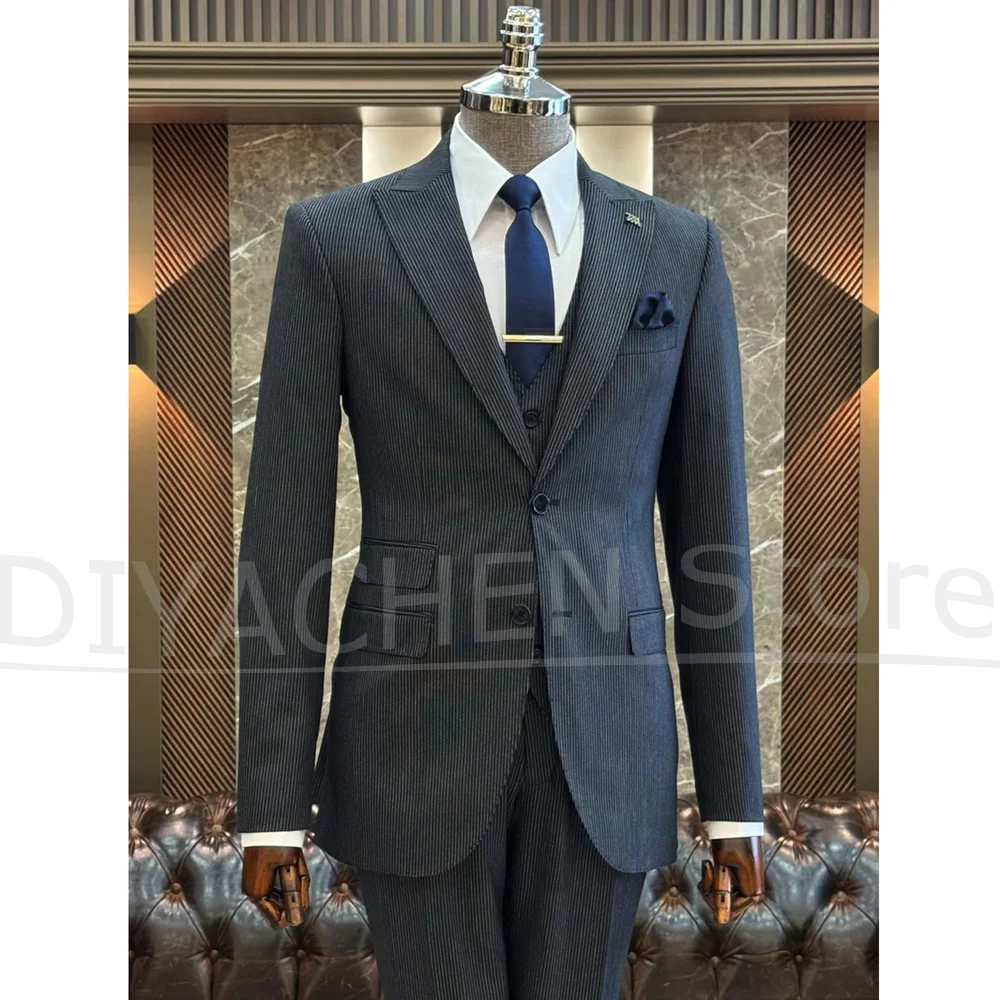 Pinstripe Men Suits Chic Peak Lapel Single Breasted 3 Piece Sets Fashion Slim Daily Office Formal Business Casual Male Suit