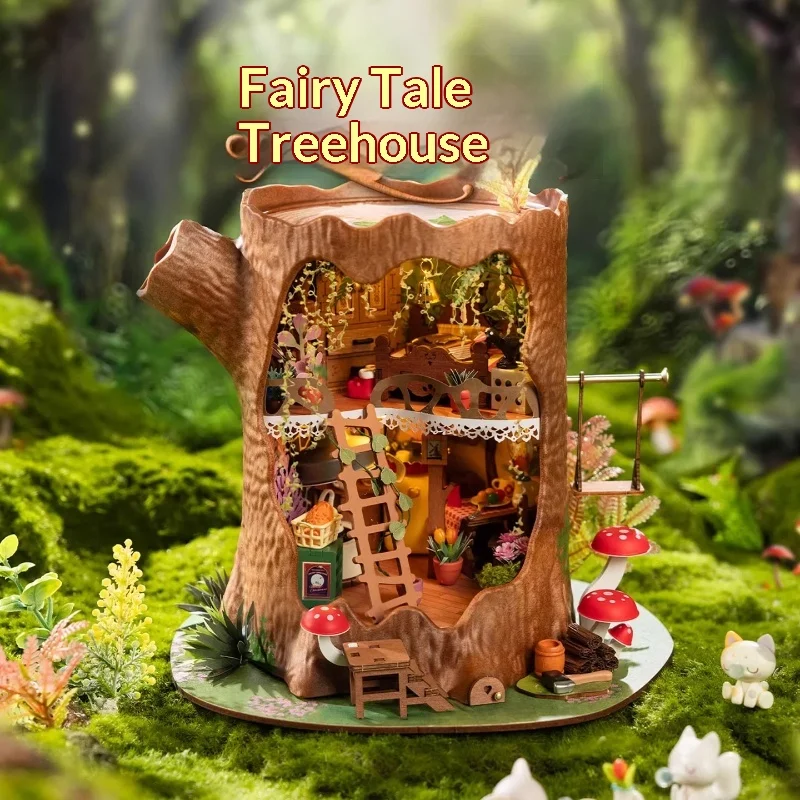 Sprookjesboomhut Diy klein huis, handgemaakte miniatuur creatieve houten assemblagemodel bouwsteencadeau voor vrouwen