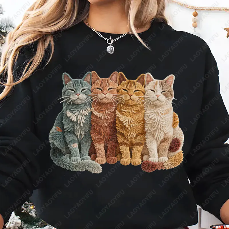 Gancio di chiusura Gatti Filato finto Stampa gatto Pullover Cat Mamma Girocollo Felpa con cappuccio Felpa in tessuto non lavorato Moda divertente Manica lunga