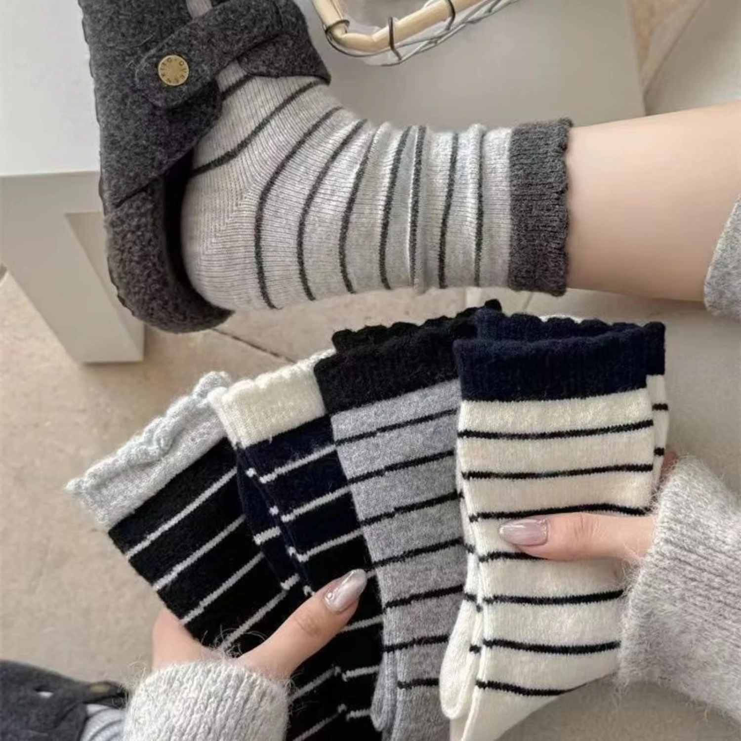 2/3/5/10 pairs, girls' flower bud pattern striped wool socks, warm, mid calf, casual style
