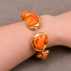 GG 9'' Orange Turquoise Gold Plated Edge Freeform Nugget Bracelet Handmade Bangle For Lady