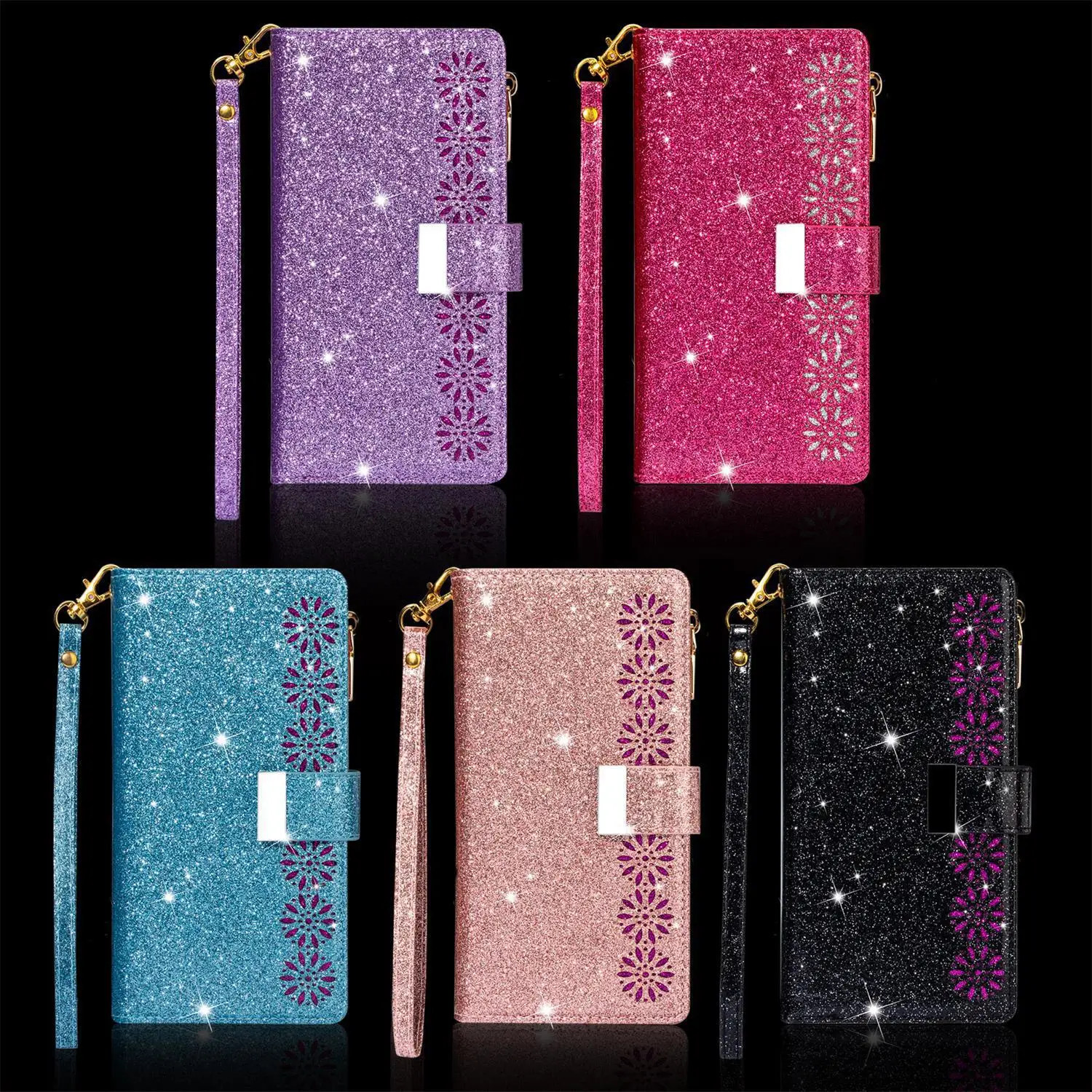 

Glitter Lanyard Leather Zipper Flip Case For Redmi 14R 14C 13R 13C 12C 12 11A 11 10X 10 K60 K50 Pro Multi 9 Cards Wallet Cover