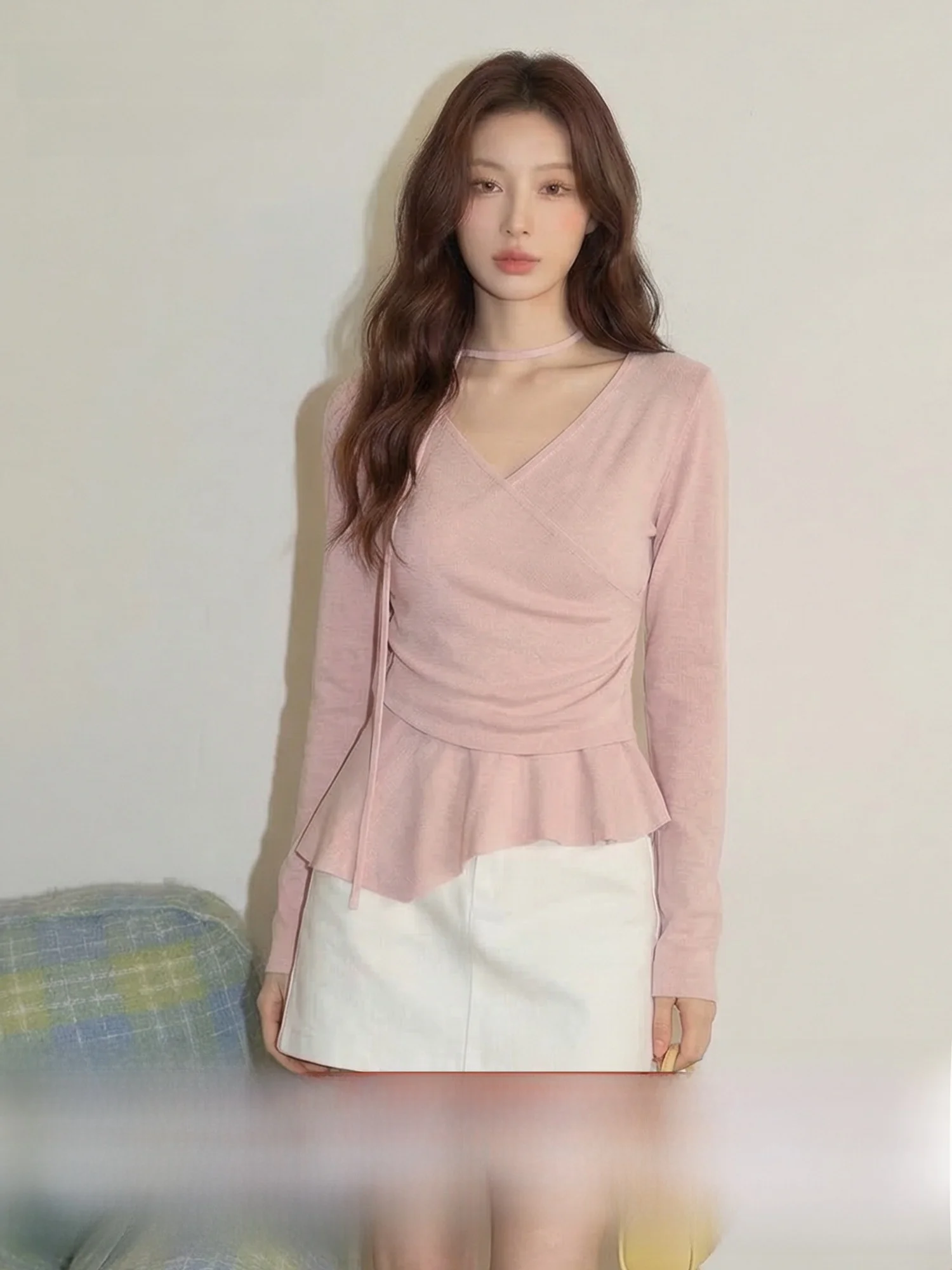 

Meng Xiaoqi Sweet Style Pink V-neck Knitted Sweater Women's Small Size Early Spring Waist-cinching Lace- Long Sleeve Top