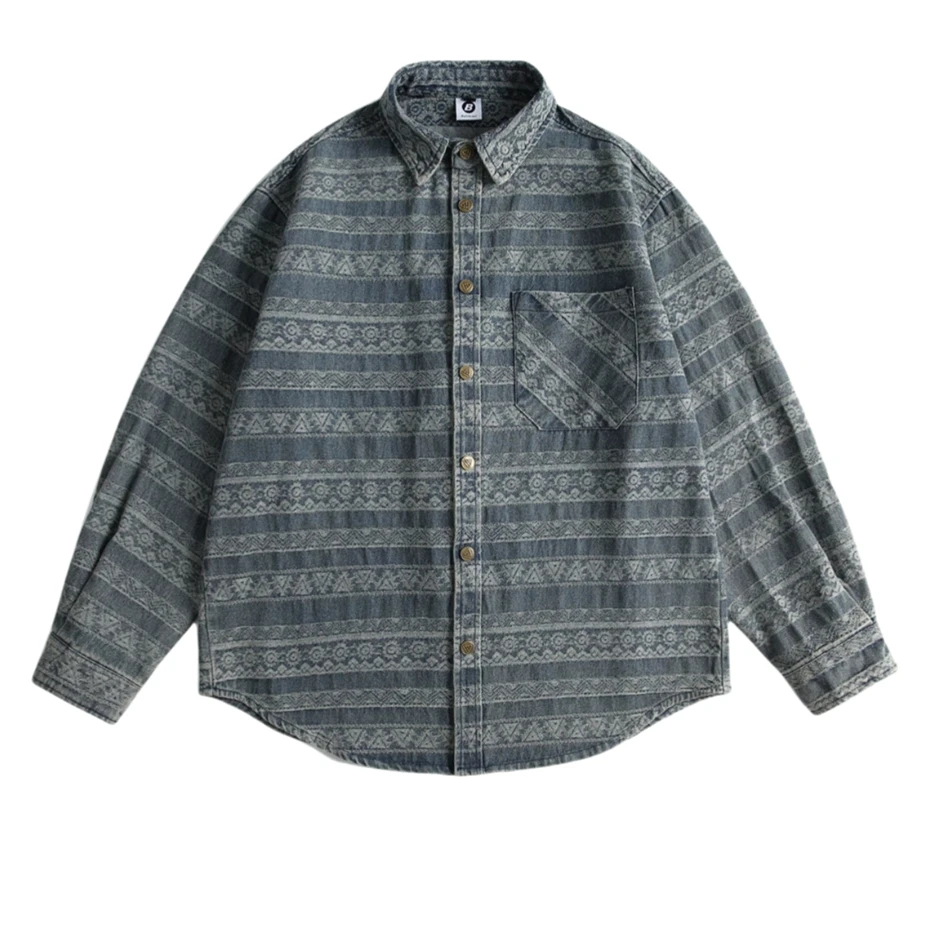

Vintage Print Denim Shirts Mens National Style Long Sleeve Shirt for Men Harajuku Loose Casual Cotton Blouse Jeans Coats Male
