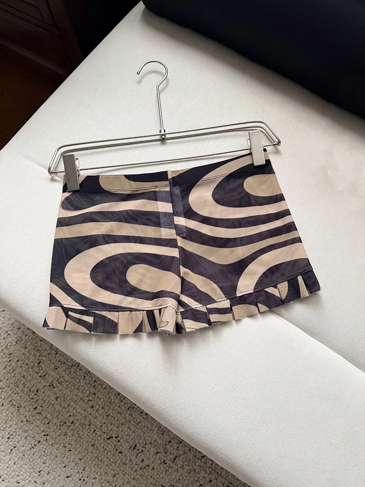 Summer Fashion Vintage Geometric Print Sexy Slim Shorts Women's Party Middle Waist Pocket Straight Barrel Flounces Hem Shorts