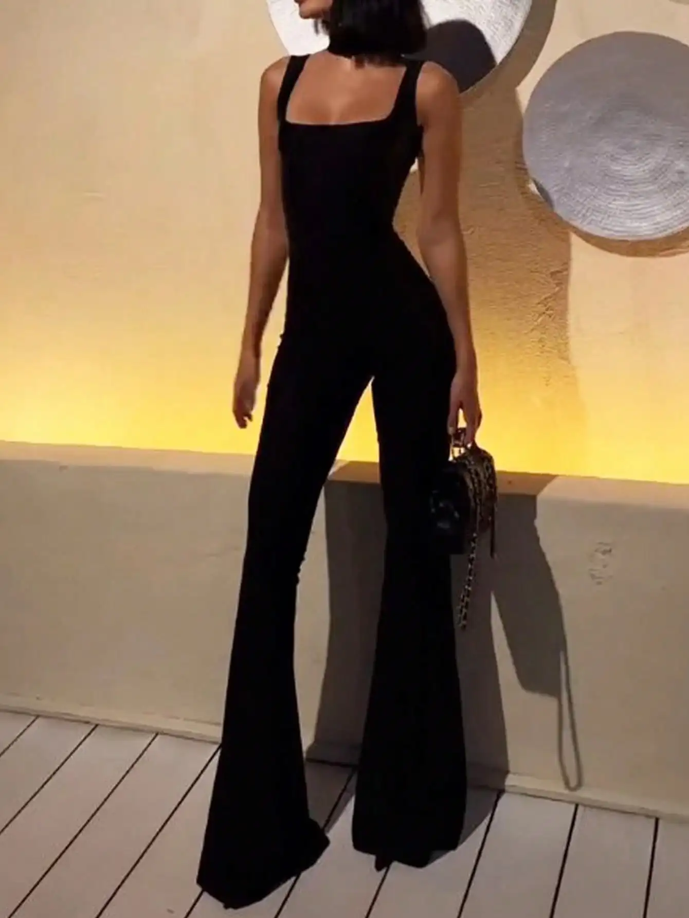 

Sexy Women's Solid Color Square Neck Sleeveless Wide Leg Jumpsuit