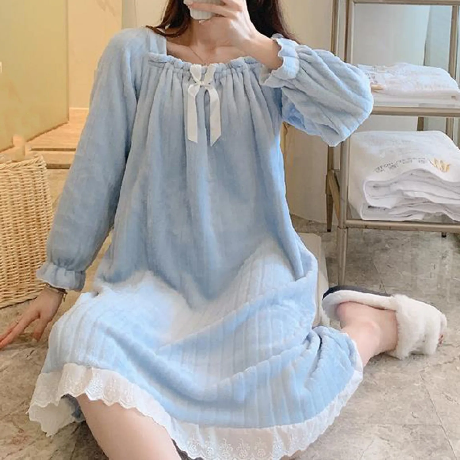 Cute Sweet Flannel Princess Sleep Dress Autumn Winter Warm Soft Long Sleeve Square Neck Nightgown Outdoors Homewear Nightdress