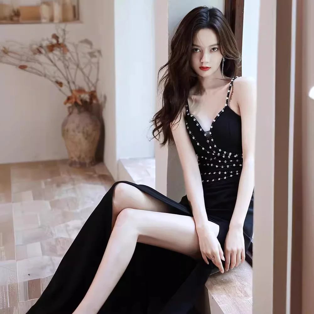 

Sexy Solid Spaghetti Strap Evening Dress Backless Split Mermaid Cocktail Dresses Diamonds Decoration Formal Banquet Gown