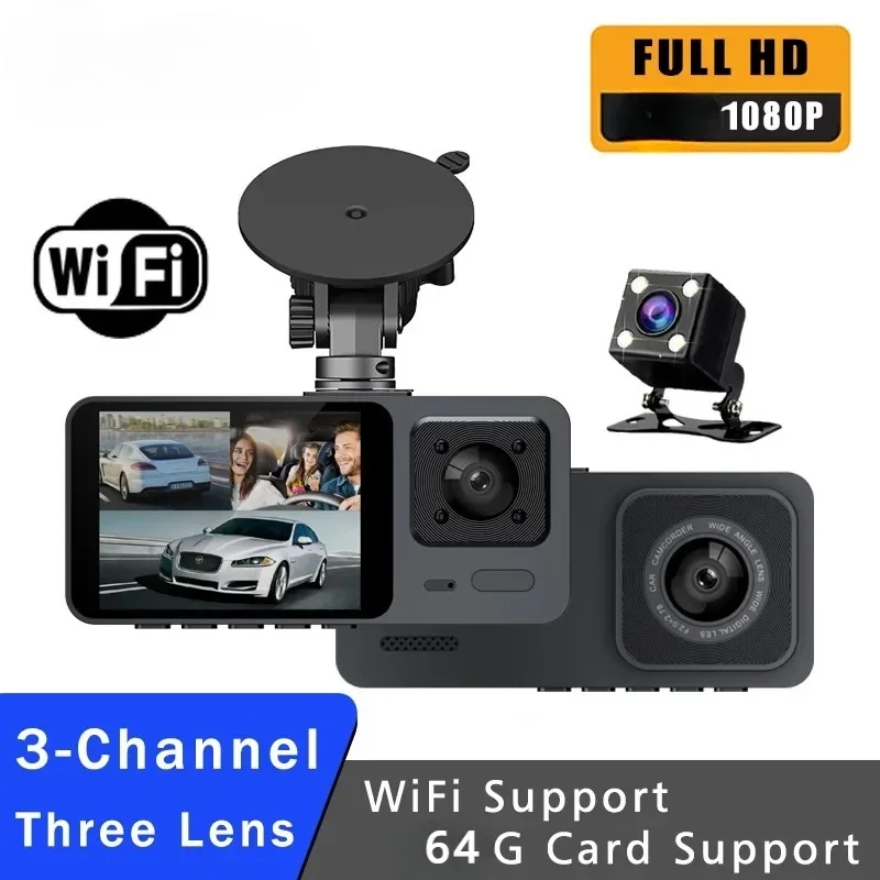 Dash Car Camera Cam Dashcam 3-Channel Dvr Reversing Black Box Support USB 1080P Motion Detection Loop Recording With WiFi