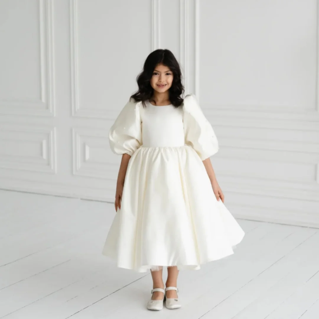 Girls Ivory Satin Flower Girl Dress Puff Short Sleeve Pearls A Line Midi Length Kids Wedding First Communion Formal Pageant Gown