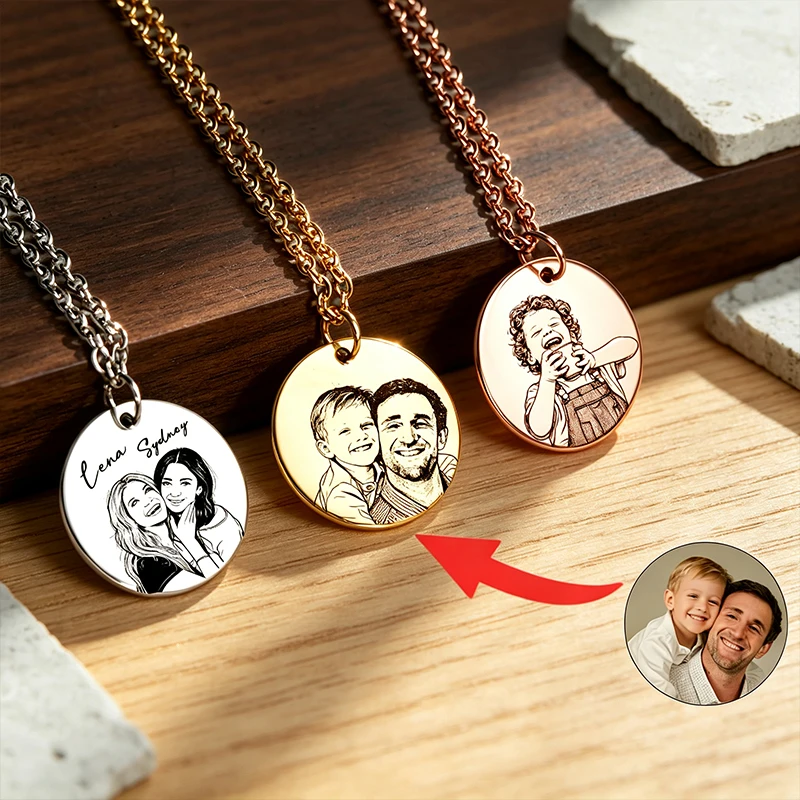 Custom Engraved Photo Necklace Personalized Photo Portrait Necklace Custom Family Couples Memorial Pendant Necklace Family Gifts