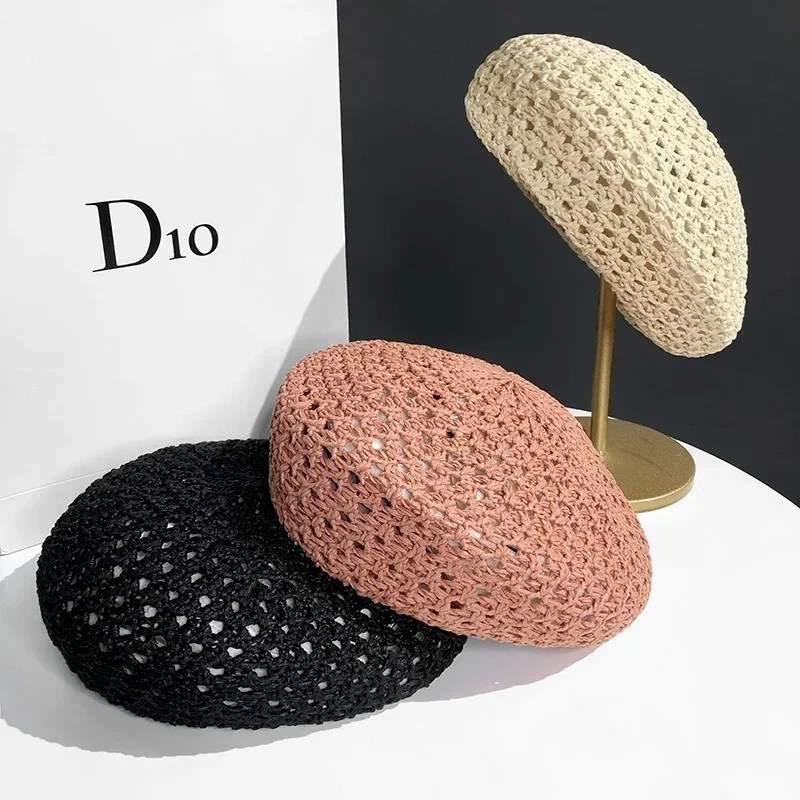 Fashion Women Handmade Crochet Beret Cap Solid Color Hollow Out Sweet Floral Weave Lady Leisure Vintage Slouchy Painter Hat