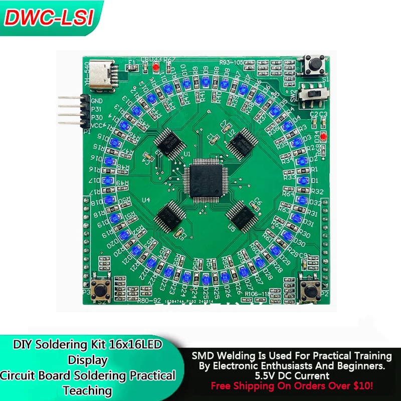 Kit de soudure électronique DIY avec carte d'entraînement à la soudure par patch, kit de soudure 5V, carte de circuit d'enseignement et d'entraînement avec affichage LED 16x16