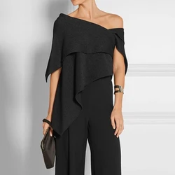 Fashion Elegant Casual Solid Color Urban Asymmetric One Shoulder Tunic 2024 New Vintage Black Top For Women