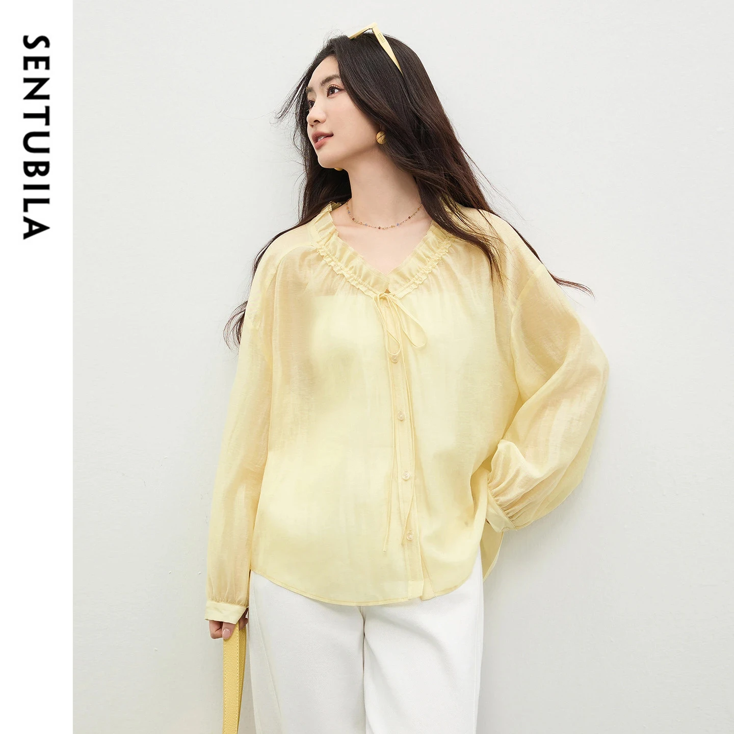 

SENTUBILA Women's V-Neck Blouse 2026 Spring New Elegant Yellow Ruffled Tie Front Lantern Sleeve Commute Loose Shirt 161CA5414