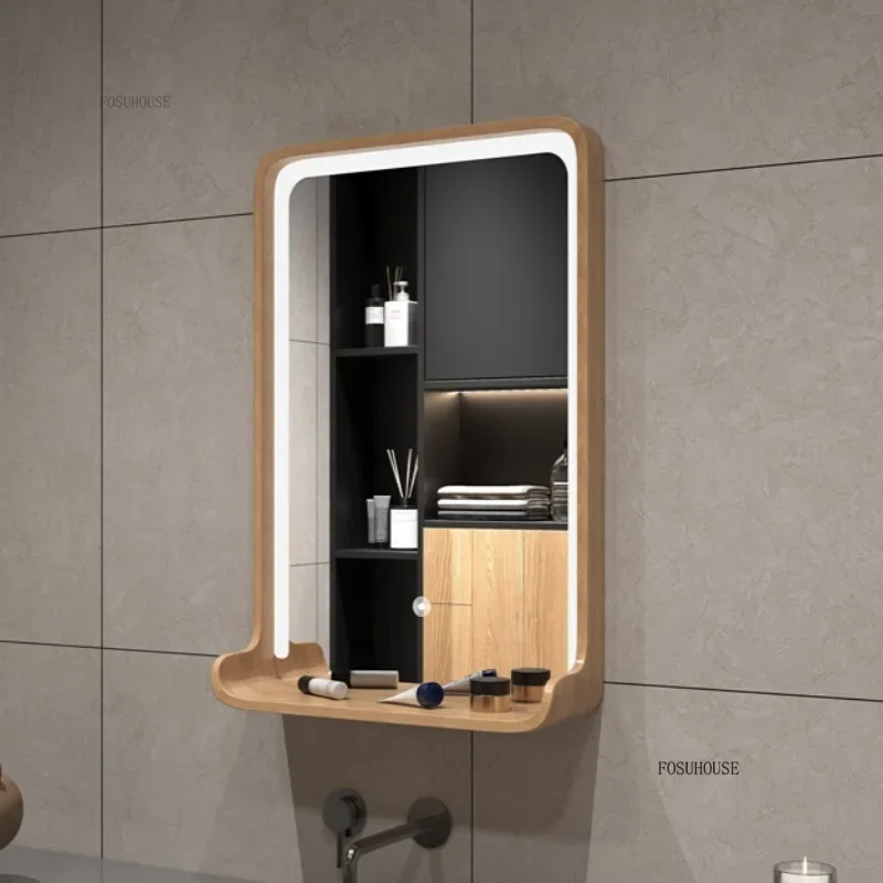 

Зеркало для бритья из цельного дерева для душа, ванная комната, проживание в семье, домашнее настенное туалетное зеркало со светодиодной подсветкой, настенное зеркало для ванной комнаты