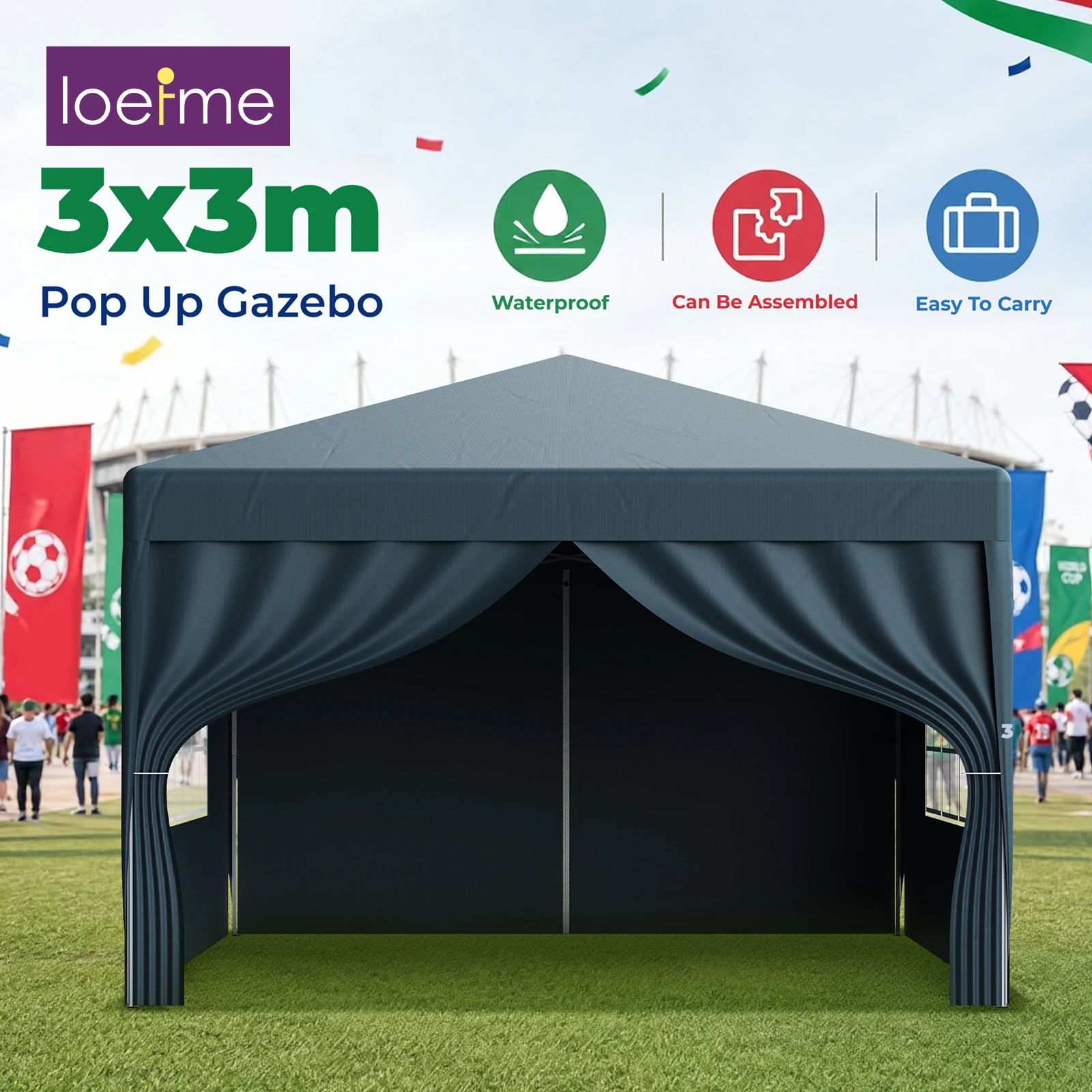 Carpa plegable LOEFME de 3x3 m, gazebo portátil impermeable con ventanas para patio, barbacoa, camping, fiestas al aire libre