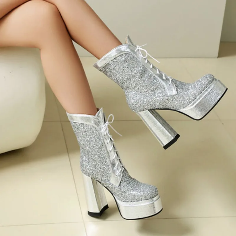 النساء حذاء من الجلد 2026 أحذية منصة حمراء أنيقة رصع الترتر الدانتيل يصل الخريف الشتاء مريح مستقرة كعب عالي مكتنز #2